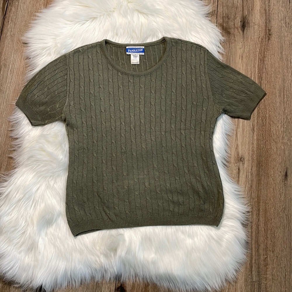 Pendleton Petite Olive Green Cable Knit Short Sle… - image 1